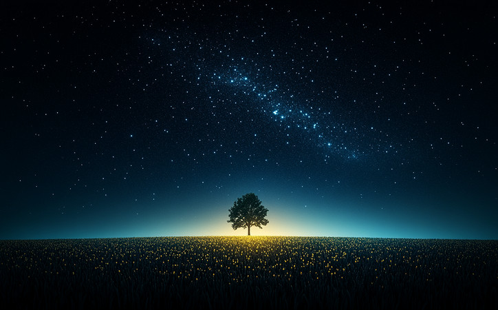 夜空下的孤独树与星河 夜空下的孤独树与星河