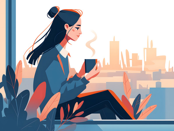 窗边手持热饮的女性人物插画 窗边手持热饮的女性人物插画