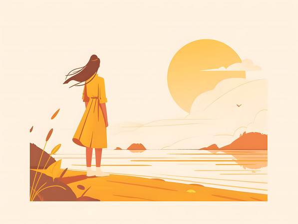 海边观日落的女性人物插画 海边观日落的女性人物插画