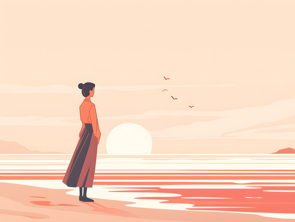 海边日落观景的女性人物插画 海边日落观景的女性人物插画