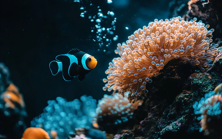 蓝色小丑鱼与橙色海葵共舞 蓝色小丑鱼与橙色海葵共舞