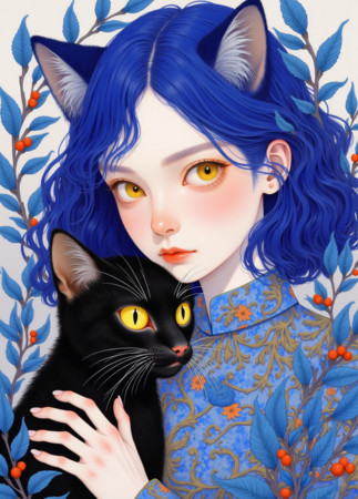 猫女与猫咪主题的手绘插画 PNG