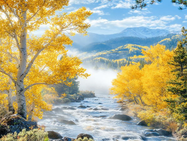 秋日山涧白桦林旁轻雾缭绕 秋日山涧白桦林旁轻雾缭绕