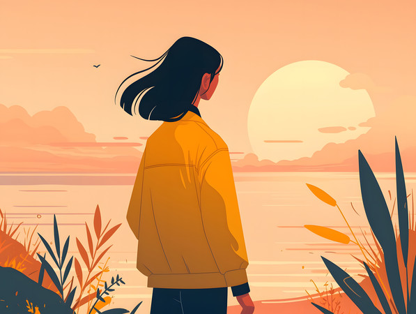 日落观景的女性人物插画 日落观景的女性人物插画