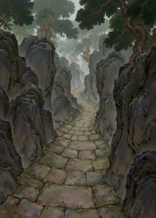 山间石板路主题的水墨画 PNG