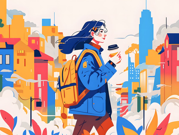 城市中手持热饮行走的女性人物插画 城市中手持热饮行走的女性人物插画