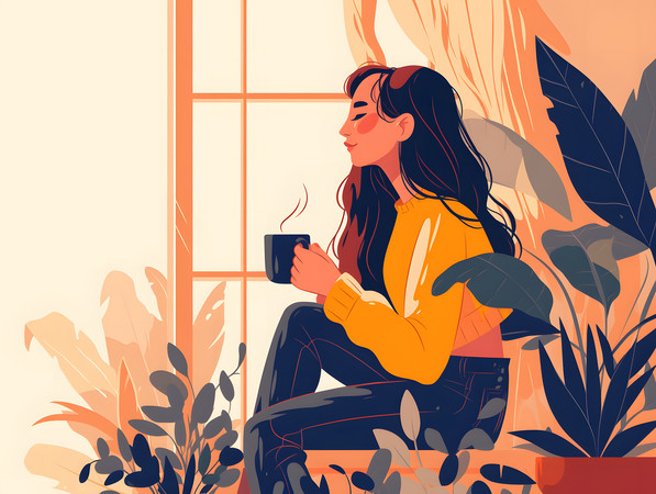 窗边享受热饮的女性人物插画 窗边享受热饮的女性人物插画
