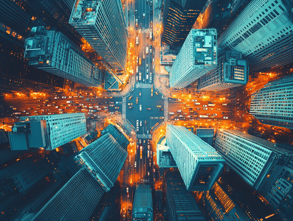 都市夜晚灯火通明的摩天大楼与交错的车流