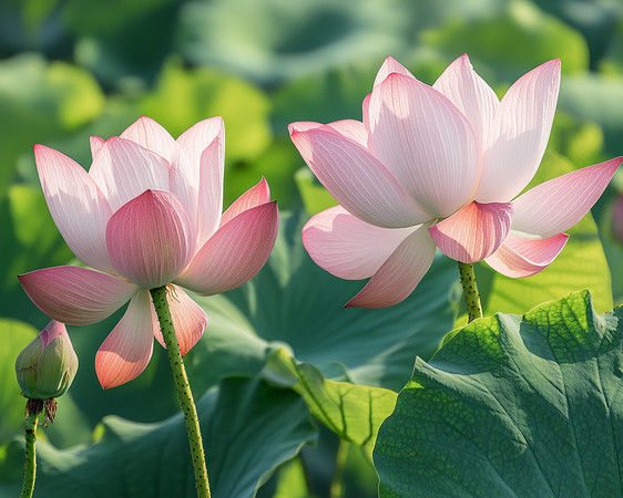 粉红莲花盛开在碧绿池塘中