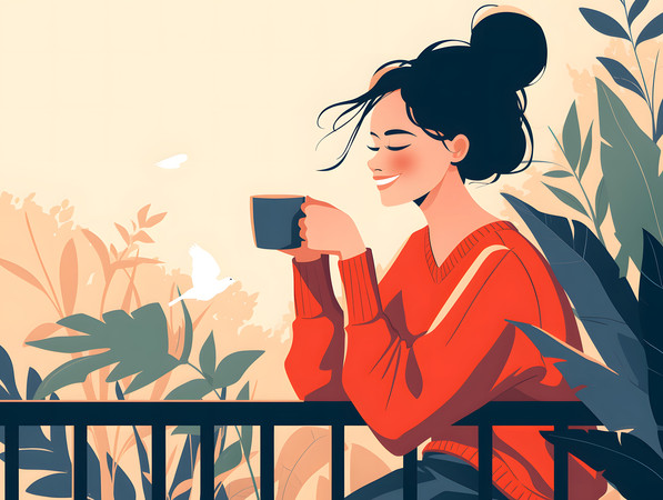 户外享受热饮的女性人物插画 户外享受热饮的女性人物插画