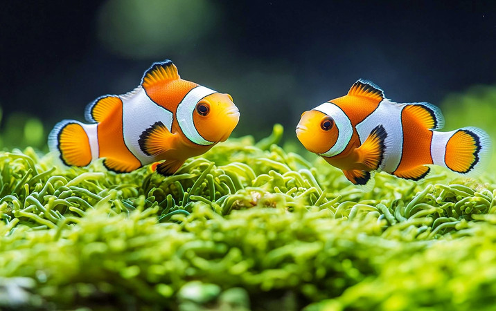 两只橘白相间的小丑鱼在海葵间亲密交流 两只橘白相间的小丑鱼在海葵间亲密交流