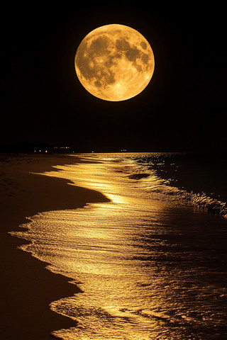 满月下的金色沙滩海浪轻抚 满月下的金色沙滩海浪轻抚