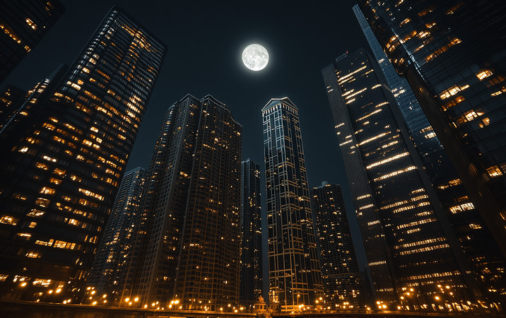 摩天大楼下满月映照 摩天大楼下满月映照