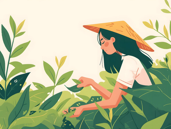 女性茶园采摘的清新人物插画 女性茶园采摘的清新人物插画