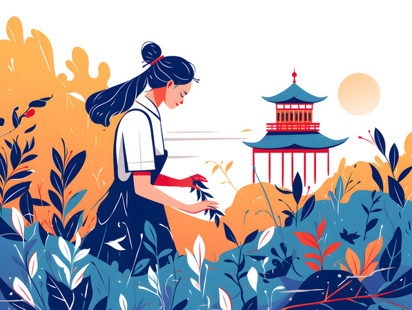 女性夕阳漫步中式庭院人物插画