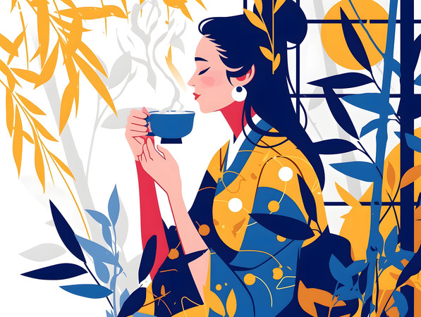 品茶的女性人物插画
