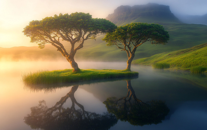 清晨的雾中双树静立湖心 清晨的雾中双树静立湖心