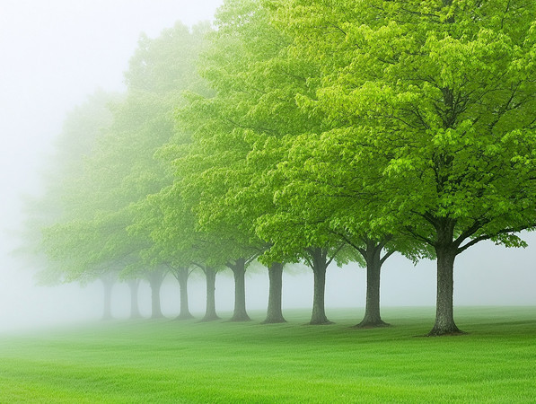 清晨雾中一排树木静默站立 清晨雾中一排树木静默站立