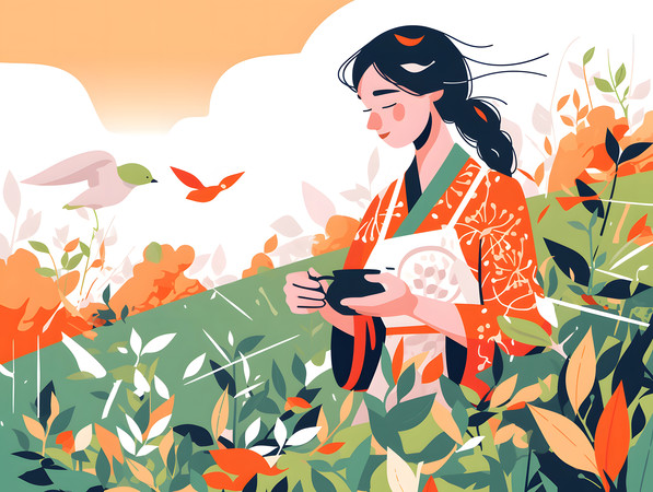 清新女性茶园品茶人物插画