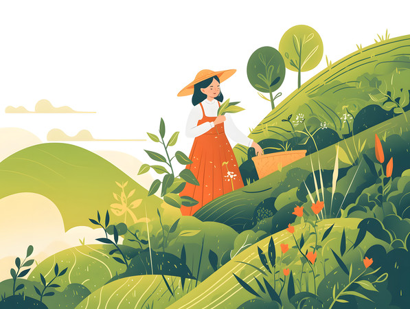 清新女性田间采茶田园人物插画