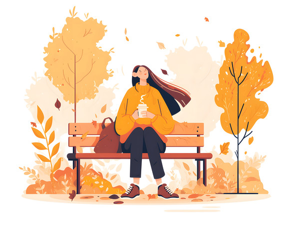 秋日户外持热饮的女性人物插画
