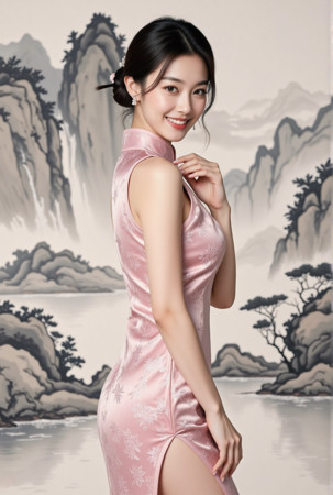 身穿粉色旗袍的东方美女 身穿粉色旗袍的东方美女