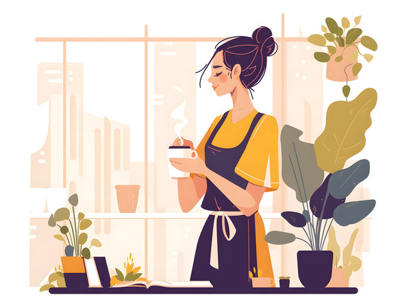 室内手持热饮的女性人物插画