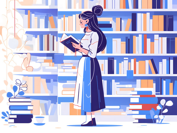 书架前阅读的女性人物插画 书架前阅读的女性人物插画