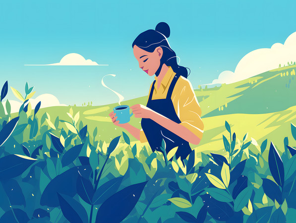 惬意女性茶园品茶人物插画