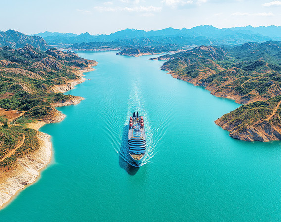 游轮穿行碧绿水道蜿蜒山谷间 游轮穿行碧绿水道蜿蜒山谷间