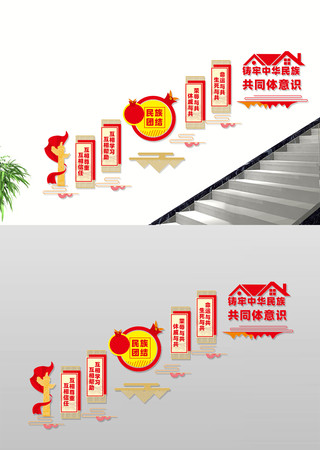 中式民族团结宣传楼梯文化墙 CDR
