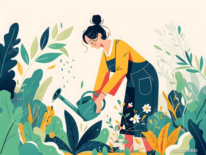 春季女性浇花绿植人物插画