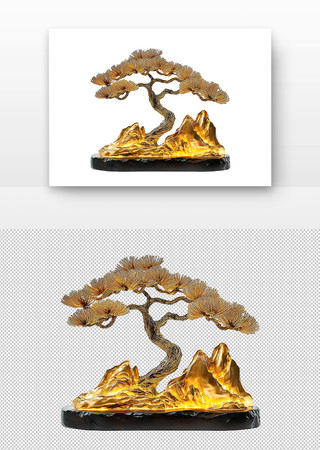 金色的盆景树底座上有流动的金色山脉