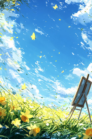 蓝天白云蝴蝶画架油画