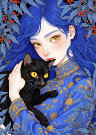美女与猫咪主题的手绘插画 PNG
