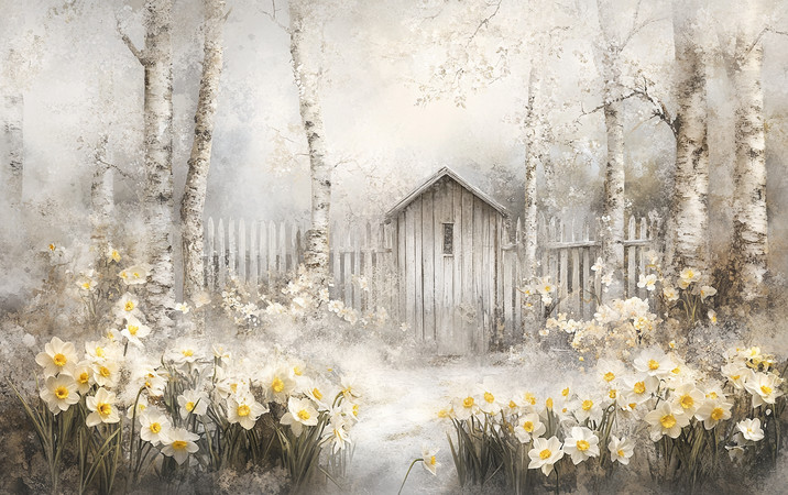 白桦林中的小屋与盛开的黄水仙装饰画 PNG