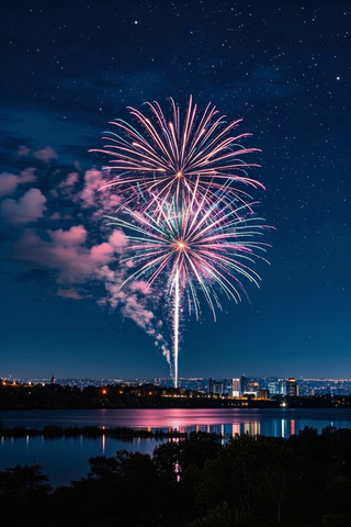 湖泊和城市上空燃放烟花