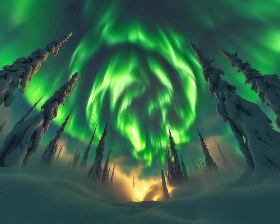 极光下的雪原森林 极光下的雪原森林