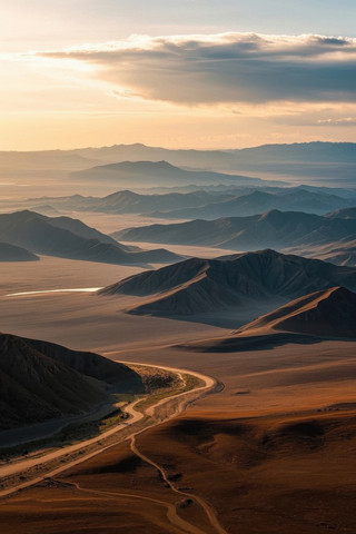 沙漠中央蜿蜒道路的景观 沙漠中央蜿蜒道路的景观