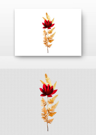 金色的蕨叶与深红色的花朵组合 PNG