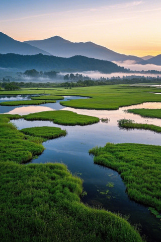 一条河流穿过郁郁葱葱的绿色湿地