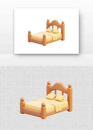 单人木质床的3D渲染图 PNG