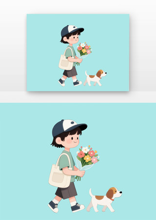 手拿鲜花的男孩喝狗插画免扣元素 手拿鲜花的男孩喝狗插画免扣元素