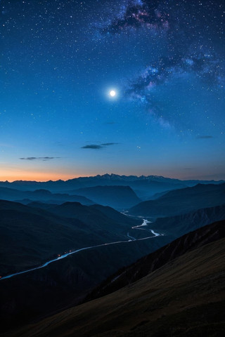 星空般的夜空飞过山谷一条河流穿过山谷 星空般的夜空飞过山谷一条河流穿过山谷