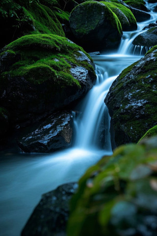 两块大岩石之间的一条溪流特写 两块大岩石之间的一条溪流特写
