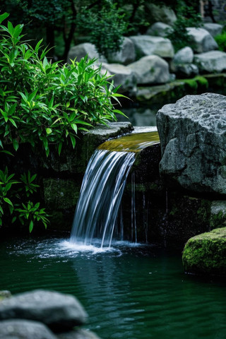 一个小瀑布越过岩石流入池塘 一个小瀑布越过岩石流入池塘