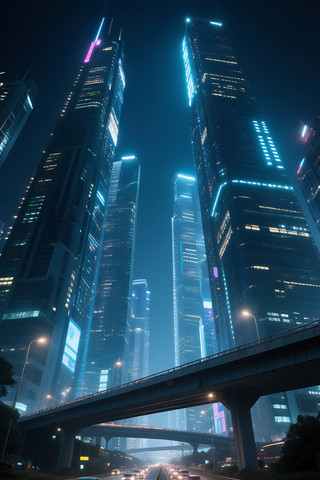 城市夜景都市建筑高架桥高速霓虹灯