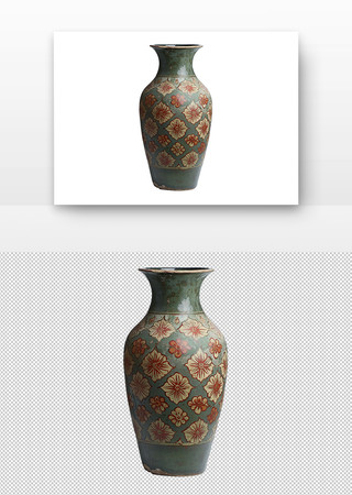 古铜绿色的陶瓷花瓶表面绘有红色花朵图案