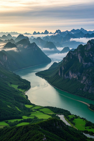 一条河流穿过群山环绕山谷的景色 一条河流穿过群山环绕山谷的景色
