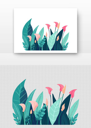 热带植物与粉红花朵的和谐共处 PNG